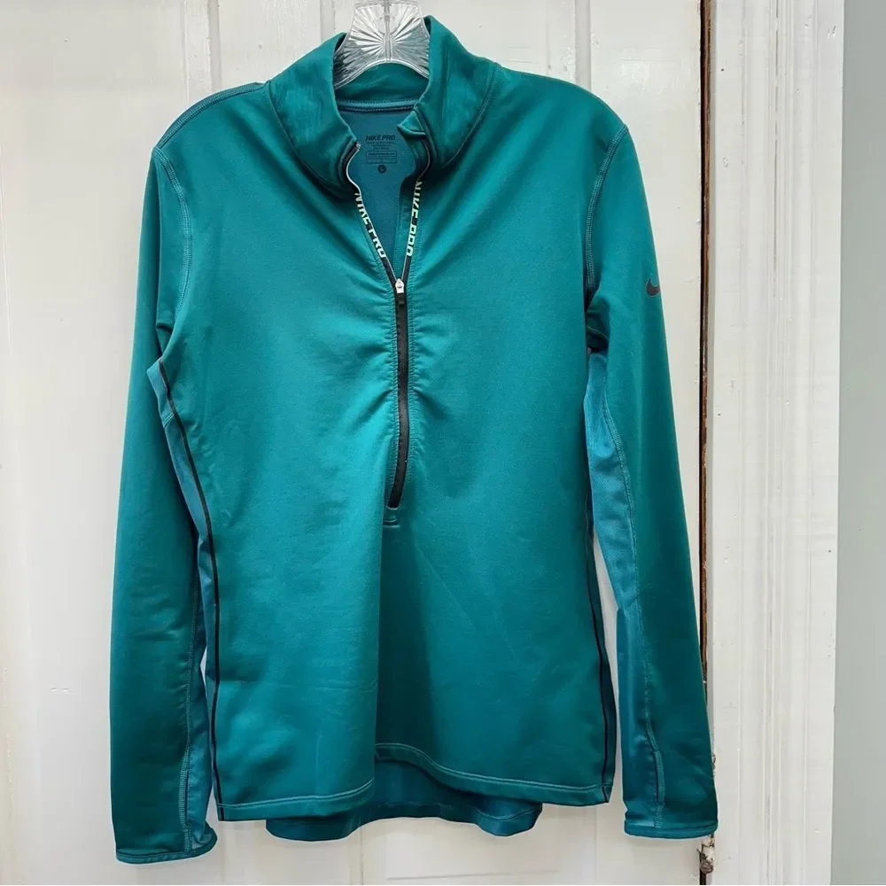 Nike Pro 1/4 zip long sleeve deep turquoise athletic running shirt women's large